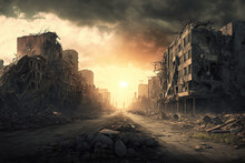 Apocalyptic View Of Destroyed World, Post Apocalypse After World War, Generative AI.