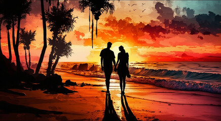 Poster - Romantic honeymoon couple in love at beach sunset Generative AI