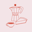 The hand-drawn moka pot, coffee cup, and piece of the pie. Line art, retro style. Vector illustration for coffee shops, cafes, and restaurants.