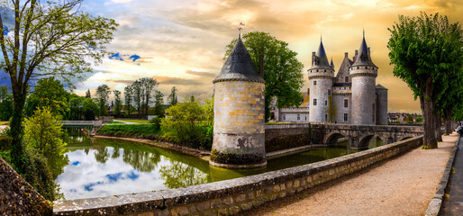 Sticker - great medieval catsles of Loire valley in France. beautiful impressive Sully-sul-Loire over sunset