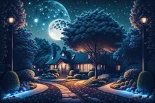 A Tree In A Garden With A House In The Background At Night Time With A Full Moon In The Sky By Generative AI