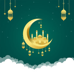 Wall Mural - Golden shiny moon with hanging lantern and mosque Ramadan Kareem