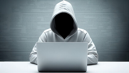 Wall Mural - Anonymous hacker with white hoodie typing computer laptop. Concept of ethical hacking. Cybersecurity, Cybercrime, Cyberattack.