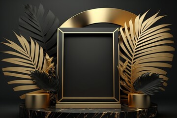 Backdrop for placing products. gold palm leaves and black frame on the dark background (AI Generated)