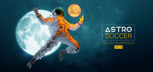 soccer football player astronaut in space action and moon, mars planets on the background of the spa