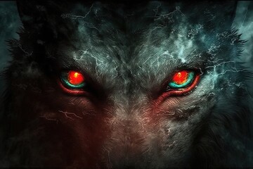 A red glowing wolf eyes illustrations of evil animal character, generative ai