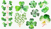 Green Heart Shaped Brush Floral Spring Lucky Set Clover For St Patrick's Day. Generative AI