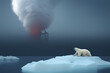 A polar bear trapped on an ice floe looks anxiously at the fire behind it created with Generative AI technology
