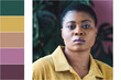 Design palette inspired by portrait of strong beautiful african American woman. Designer pack with photo and swatch. Harmonious colour combination: green, yellow, orange, brown, pink