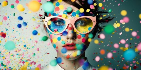 Wall Mural - Music DJ at crazy summer party, pastel abstract concept, playing dance music. A pastel futuristic party with confetti. Fun youthful atmosphere in the club. Generative AI.