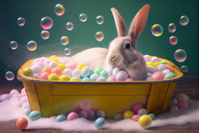 Cute Easter Bunny In A Bathtub Full Of Colourful Easter Eggs. Generative AI