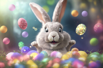 Poster - Happy Easter Bunny surrounded with colourful easter eggs, Generative AI