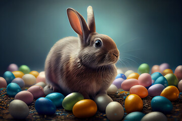 Wall Mural - Easter bunny on a pile of colourful easter eggs, Generative AI