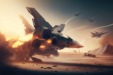 Wall Mural - aircraft and missiles flying over the battlefield, ai art illustration 