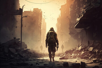 Wall Mural - Lone soldier walking in destroyed city, art illustration 