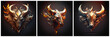 Set of agressive bull emblems on dark background. Generative AI.