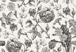Seamless pattern. Beautiful fabric blooming realistic isolated flowers. Vintage background. Rose primrose primula wildflowers. Wallpaper baroque bouquet Drawing engraving Vector victorian Illustration