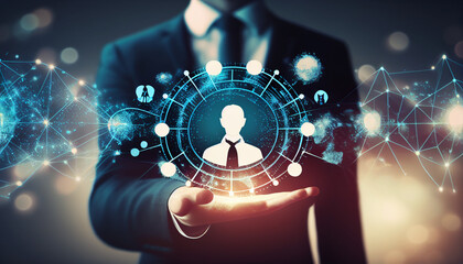 uomo d'affare che tiene in mano la rete, connessione, profli