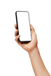 © Hulahop - Close-up of woman hand holding modern smartphone iphone mockup. New modern black frameless smartphone mockup with blank white screen. Isolated on white background high-quality studio shot, Modern smar