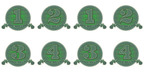 Vector set of round icons with ribbon. Stickers or badges. Financial seals in denominations from 1 to 4 million and a billion. Green chips or tokens on a white isolated background.