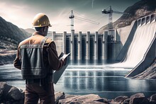 Engineer Inspecting With Hydroelectricity Dam Background. Generative AI