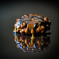 Tasty crispy delicious fritter on black background, breakfast food concept. AI generative image.