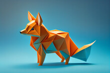 Origami Art. Handmade Orange Paper Fox On Light Blue Background. Created With Generative AI Technology
