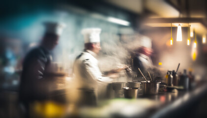 long exposure with blurred motion chefs working at the professional restaurant kitchen, cooking food