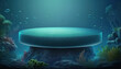 Ocean underwater scene with empty round minimal product podium display. AI generative image.