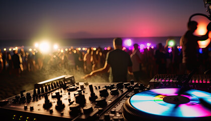 Outdoor night beach music party. Professional sound system dj console on foreground and blurred crowd of happy dancing people on background. AI generative image.