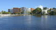 Lakeside Village, University of Miami residential complex of 25 interconnected buildings, with Lake Osceola and fountain. Florida