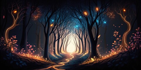 I was walking through a magical forest at night, and the path was illuminated by glowing lights, Generative AI