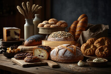 Many Type Of Bread And Bun Are Set On The Table, Food Display Background. Generative Ai Image.