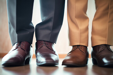 Wall Mural - Close-up at 2 business persons feet, wearing formal business court shoe and standing at working office. Generative Ai image.	
