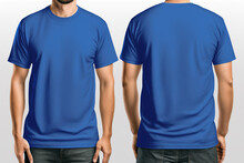 Mockup Of A Blank Royal Blue Tshirt Front And Back Isolated On White Background. Generative Ai