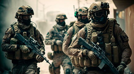 Military Tactical Special Squad Special Forces Unit, Equipped Armed Soldiers, Full Gear, Wartime, Battlefield Epic Scene