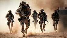 Group Of Soldiers Running Through A Desert, Military Tactical Special Squad Special Forces Unit, Equipped Armed Soldiers, Full Gear, Wartime, Battlefield Epic Scene Concept Art