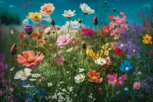  Colourful Wild Flowers On A Spring Meadow, AI Illustration. 