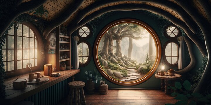 the interior of a hobbit house is inside a wooden hut in the forest, generative ai