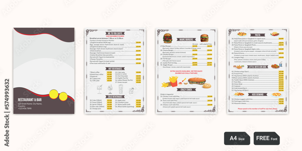 Restaurant Menu Design Layout Cookbook Layout Recipe book design Stock ...