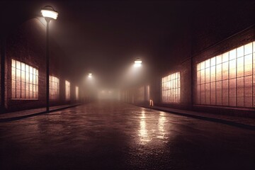 dark factory warehouse alley at night. generative ai