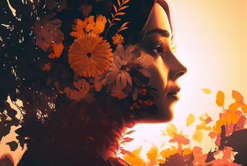 Abstract double exposure portrait of beautiful young woman face with flowers, visual digital art, double exposure effects. Unity of woman beauty with nature, generative AI