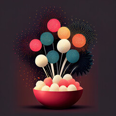 Sticker - Chinese Lantern Festival, colorful fireworks over a bowl of glutinous rice balls.