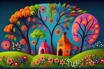 Sticker - Neighborhood of vibrant spring colors in folk art style.