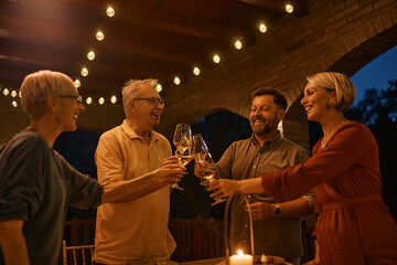 Wall Mural - Happy couple and their senior parents toasting with wine while gathering for dinner on patio.