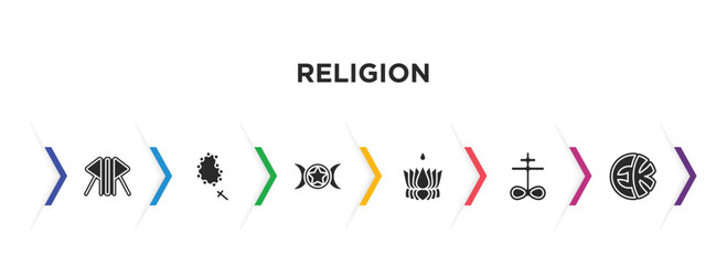 religion filled icons with infographic template. glyph icons such as nordic paganism, bead, wicca, ayyavazhi, satanic church, eckankar vector.