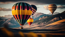Colorful hot-air balloons flying over mountains landscape. 4k wallpaper