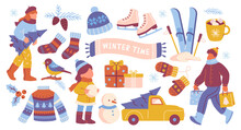 Winter Activities. Set Of Colorful Stickers With Warm Winter Sweater, Mittens And Socks, Skis And Skates, Christmas Gifts And Tree. Cartoon Flat Vector Collection Isolated On White Background