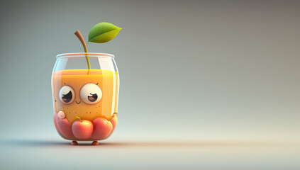 Sticker - Cute orange drink 3d character. Cartoon apple shake with big eyes and green leaf. 3d render illustration. Generative AI art. 