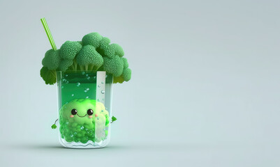 Sticker - Cute broccoli drink 3d character. Cartoon green vegetable smoothie with big eyes. 3d render illustration. Generative AI art.  Copy space for text.